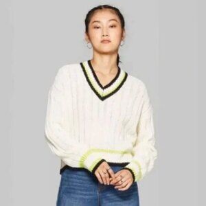 Wild Fable Target Cropped V Neck preppy tennis sweater w/ striped detailing - M